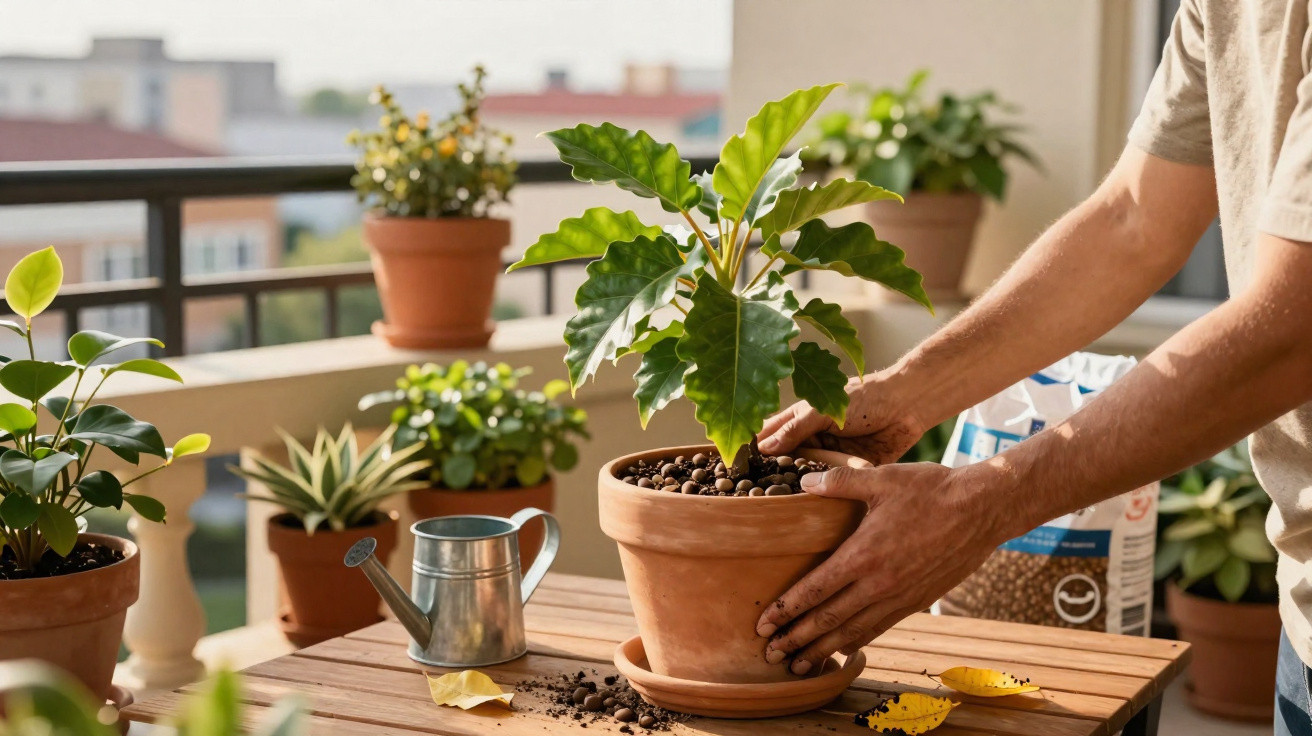 Person repotting a green leafy plant in a terracotta pot on a wooden table with gardening tools.