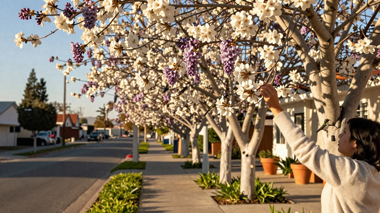 Person reaching towards blooming white and purple flowers on a tree-lined suburban street in spring.