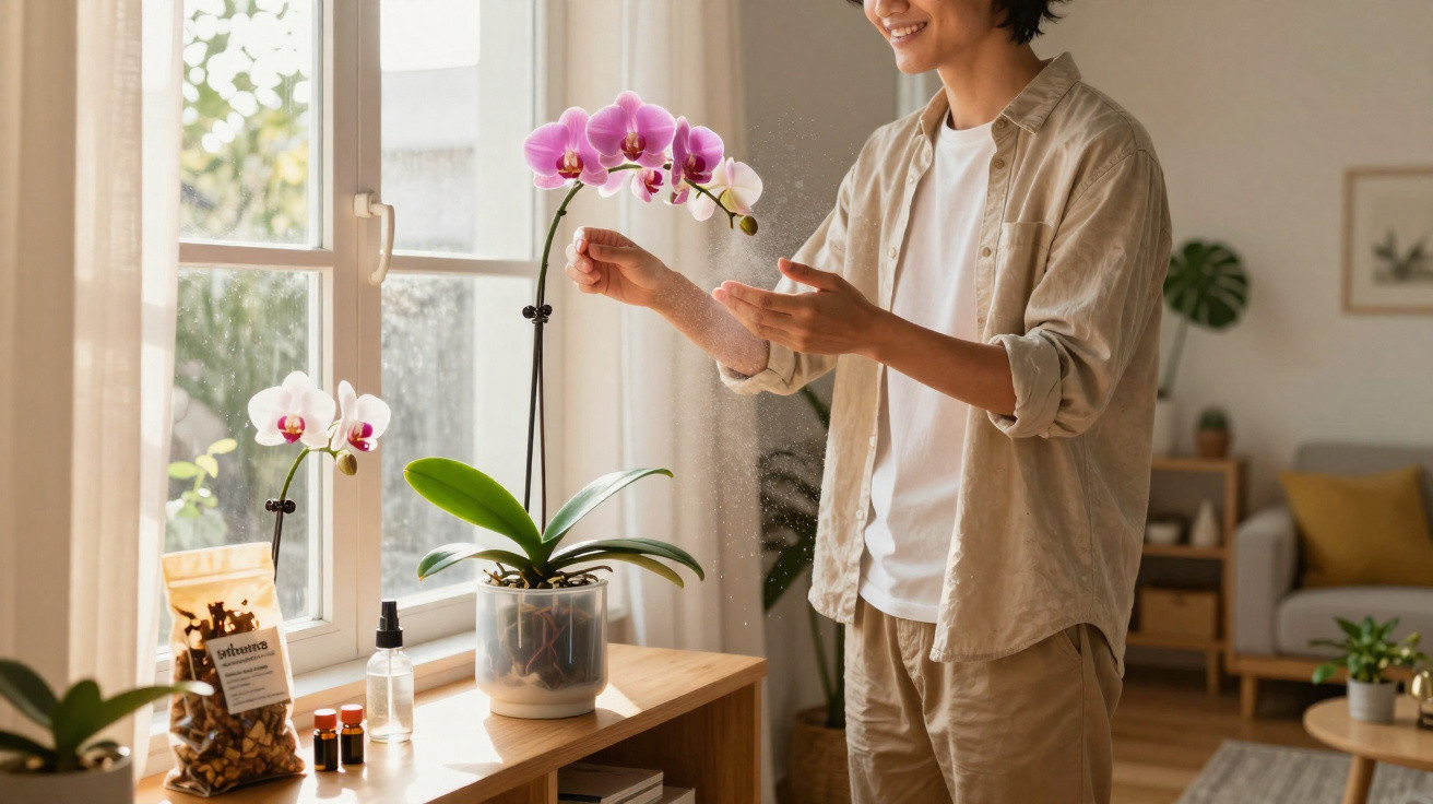 Person watering pink orchids on a windowsill in a bright, cosy living room.