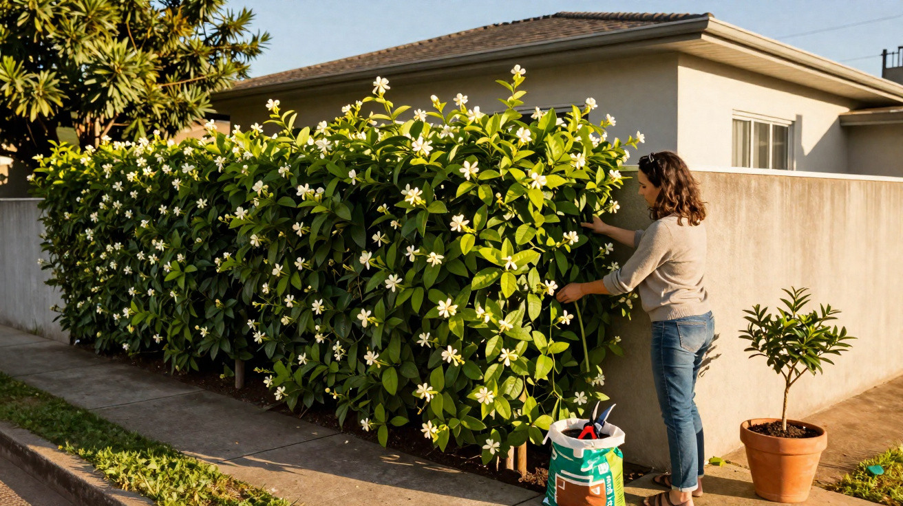 Woman tending to a flowering jasmine hedge outside a house during golden hour sunlight.