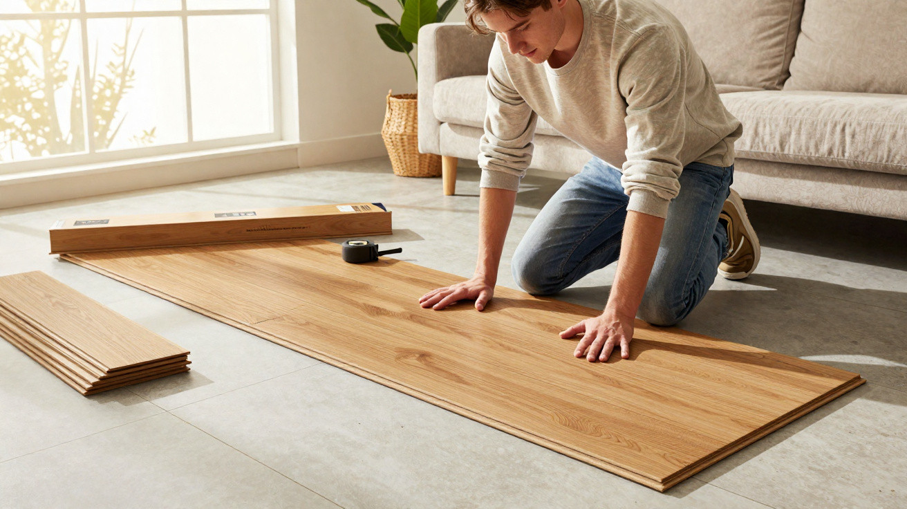 Man kneeling on floor fitting wooden laminate flooring planks in bright living room.