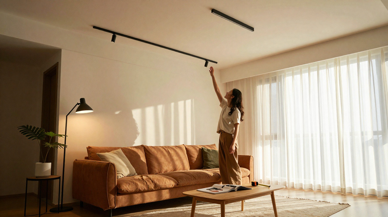 Woman reaching towards ceiling light in a sunlit living room with brown sofa and large sheer curtains.