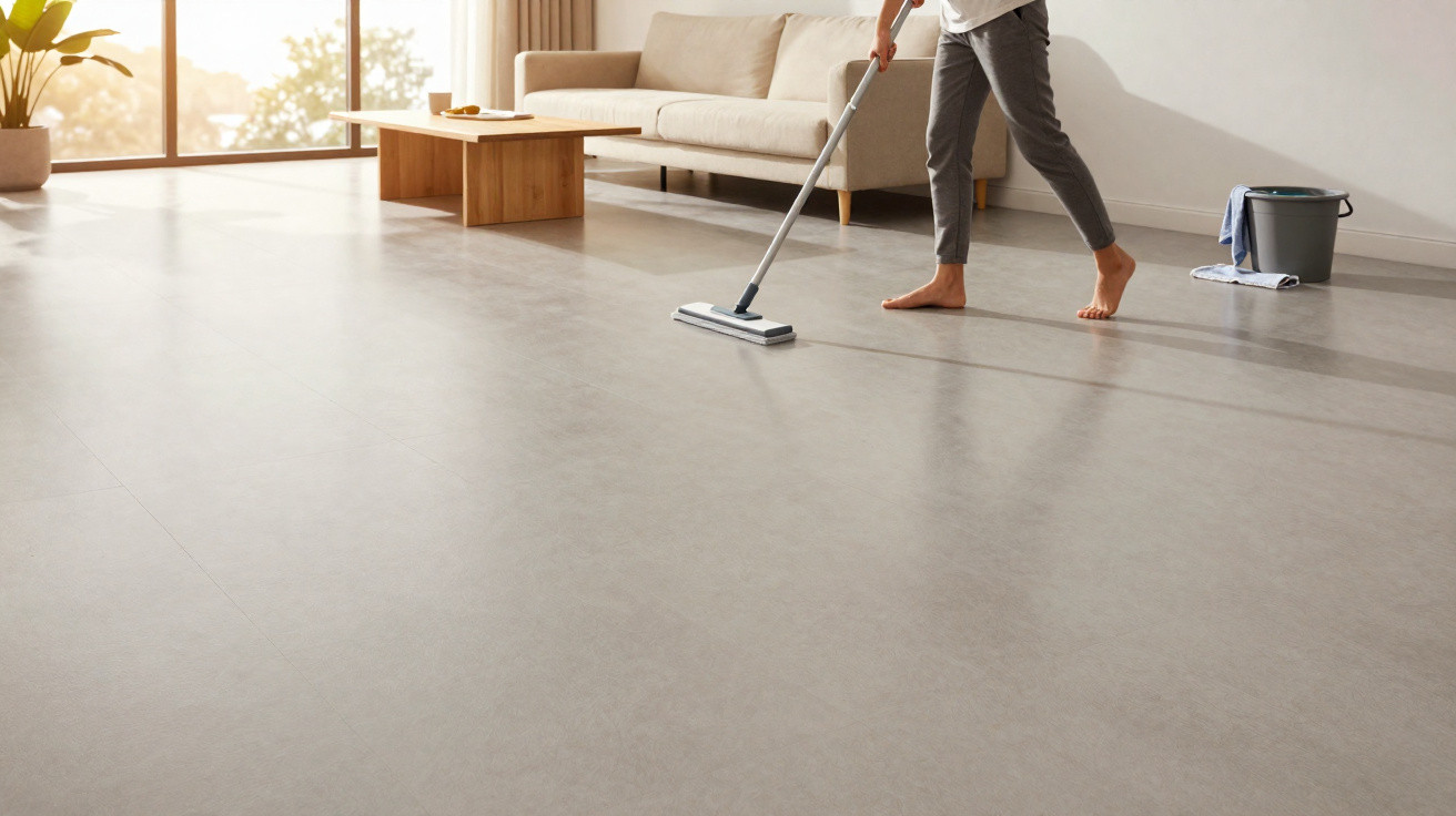 Person mopping a clean, spacious living room floor with sofa and coffee table in the background.