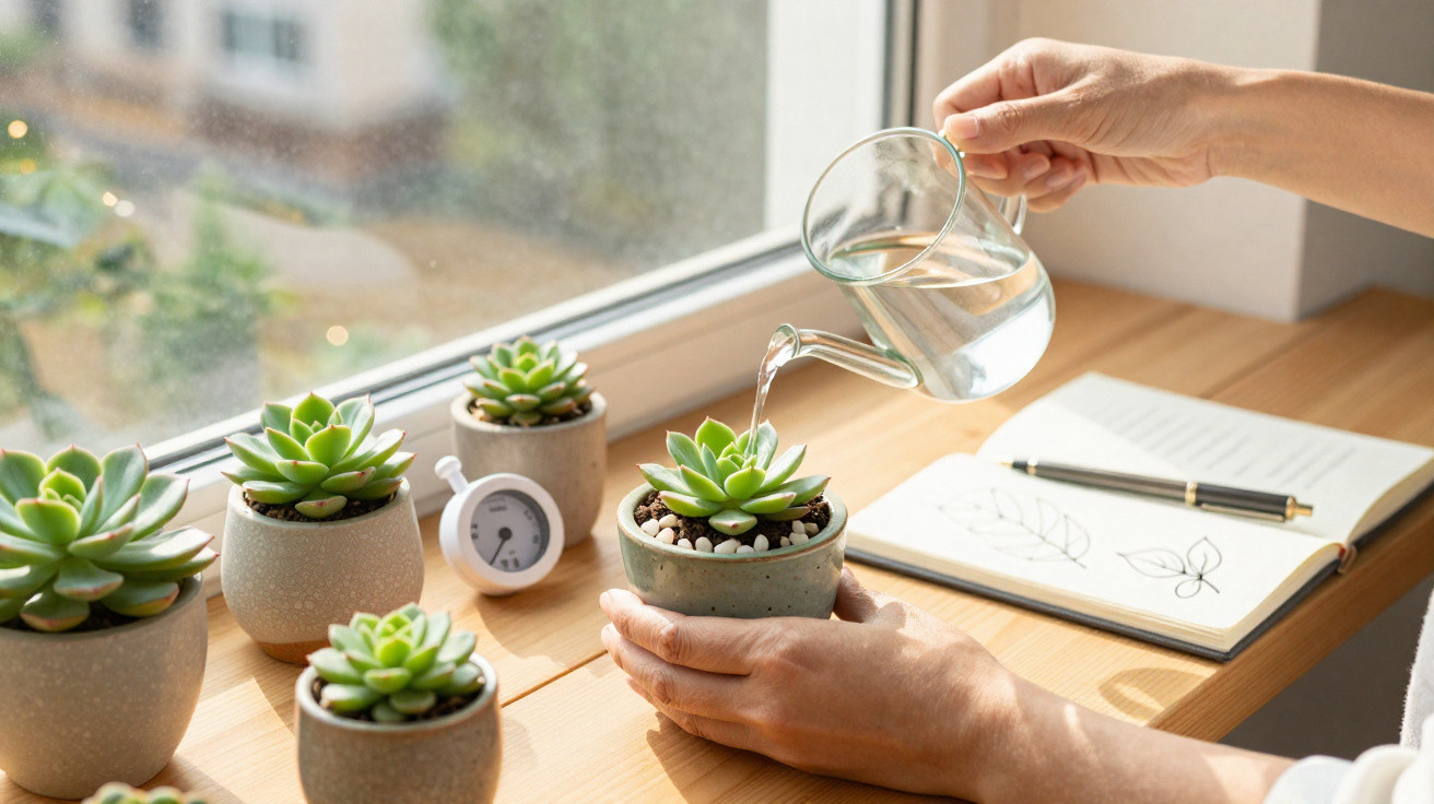 Hands watering a small succulent plant on a windowsill with other succulents and a notebook with plant sketches.