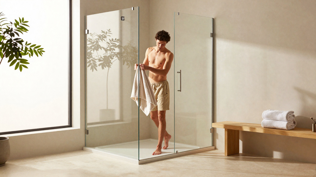 Man in beige shorts drying himself with towel in minimalist glass shower room with bench and plant nearby