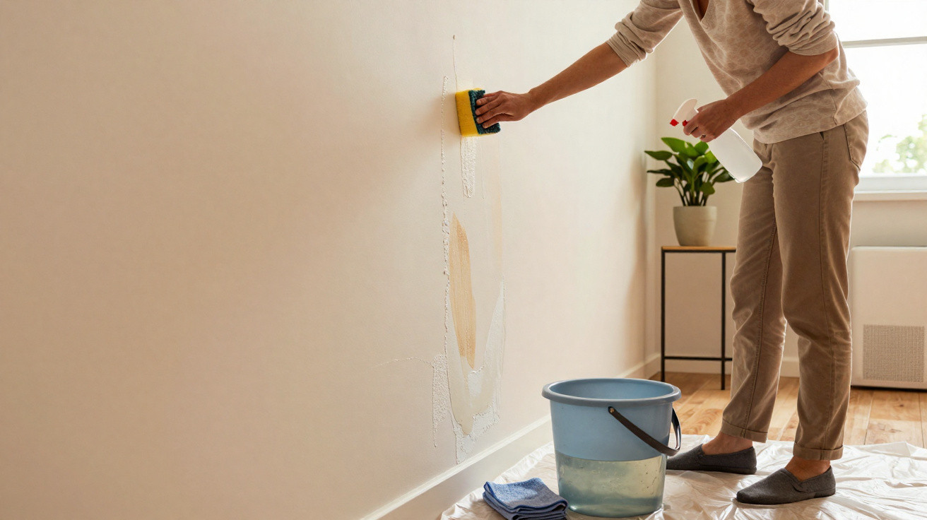 Person cleaning a wall with a sponge and spray bottle next to a bucket and cloth on a protective sheet on the floor.
