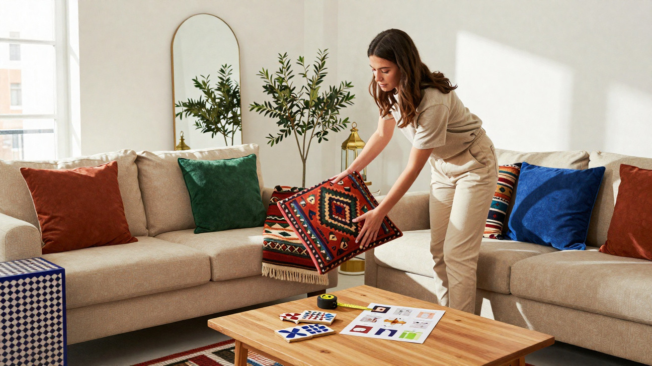 Woman arranging a patterned cushion on a beige sofa in a modern living room with colourful decor.