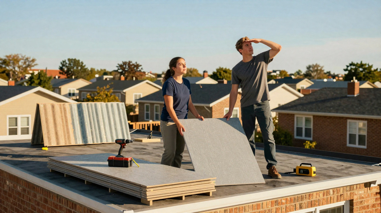 Two people working on a flat roof with wooden boards and tools under a clear sky in a suburban neighbourhood.