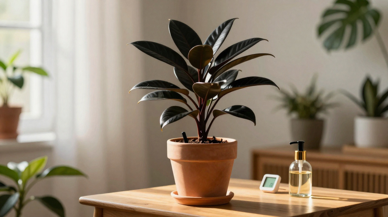 Rubber plant in terracotta pot on wooden table with hand sanitizer and blurred indoor plants background.