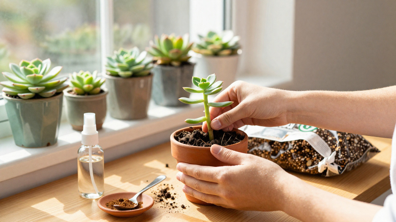 Hands planting a small succulent in a terracotta pot on a wooden table near a sunny window.