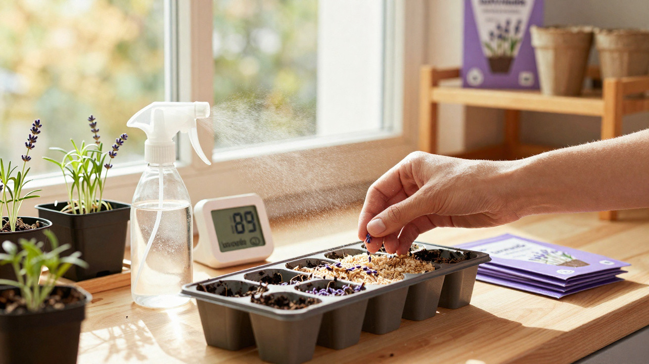 Hand watering and planting seeds in a seed tray on a wooden table with potted plants and a spray bottle nearby.