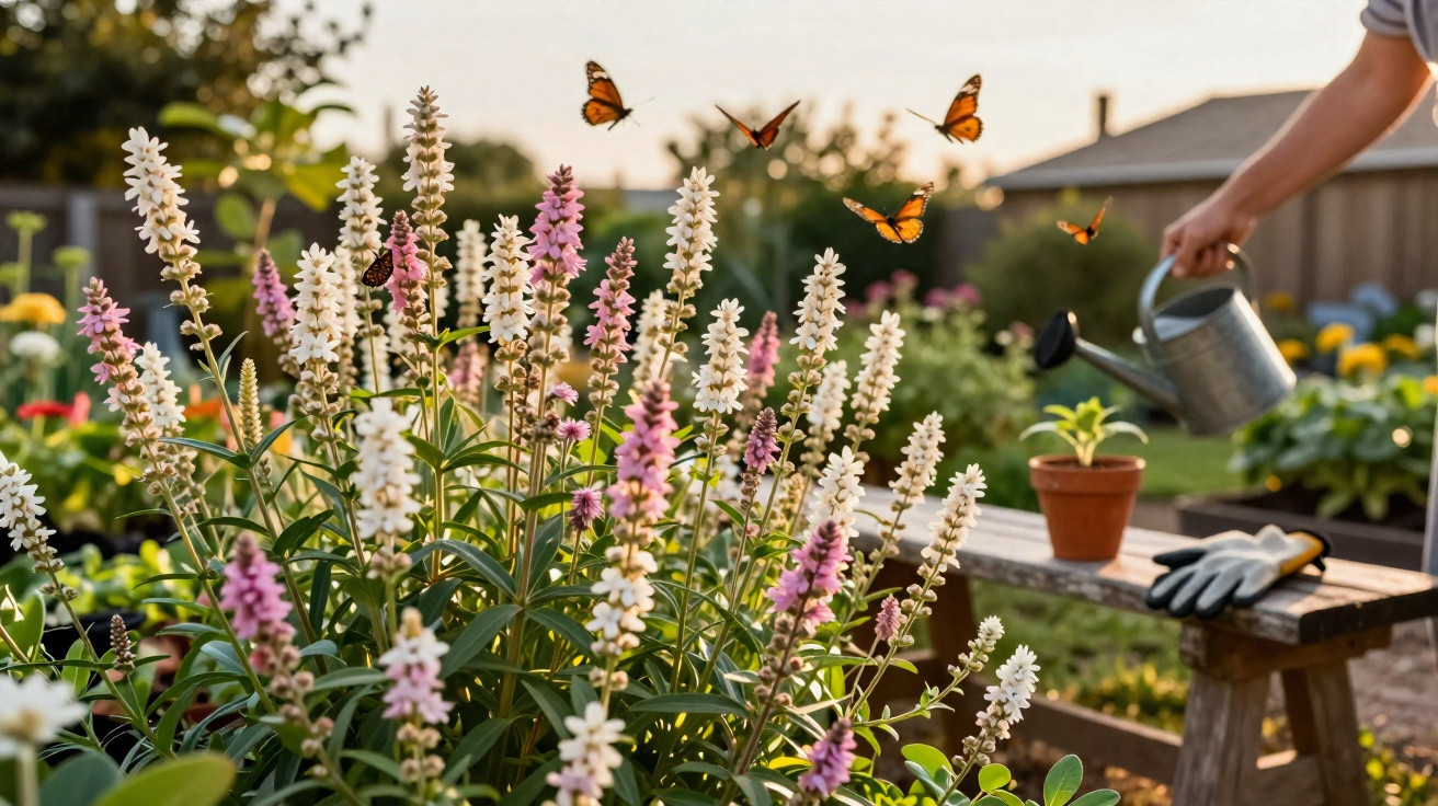 Person watering plants with butterflies flying over pink and white flowers in a sunny garden.