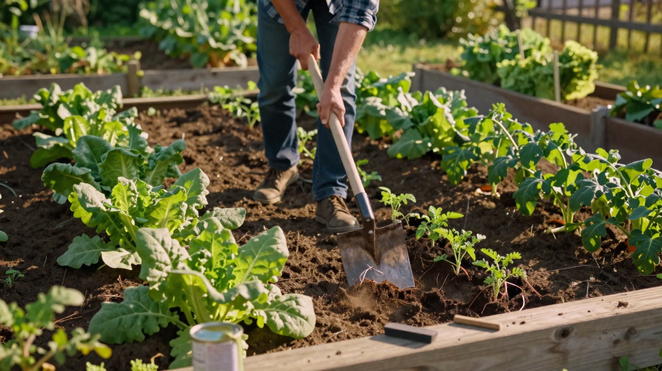 Person digging soil with a shovel in a raised garden bed with leafy green plants and seedlings.
