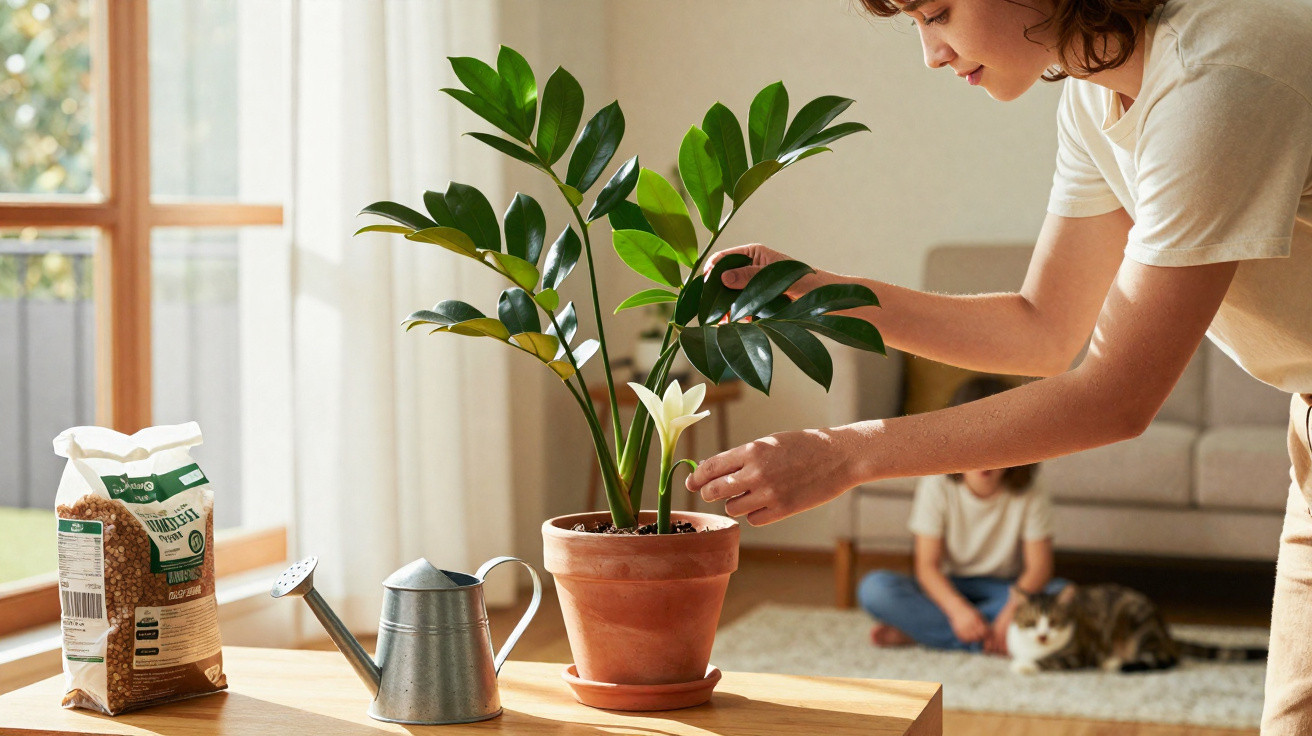 Person tending to a potted plant on a wooden table next to a watering can and plant food bag indoors.