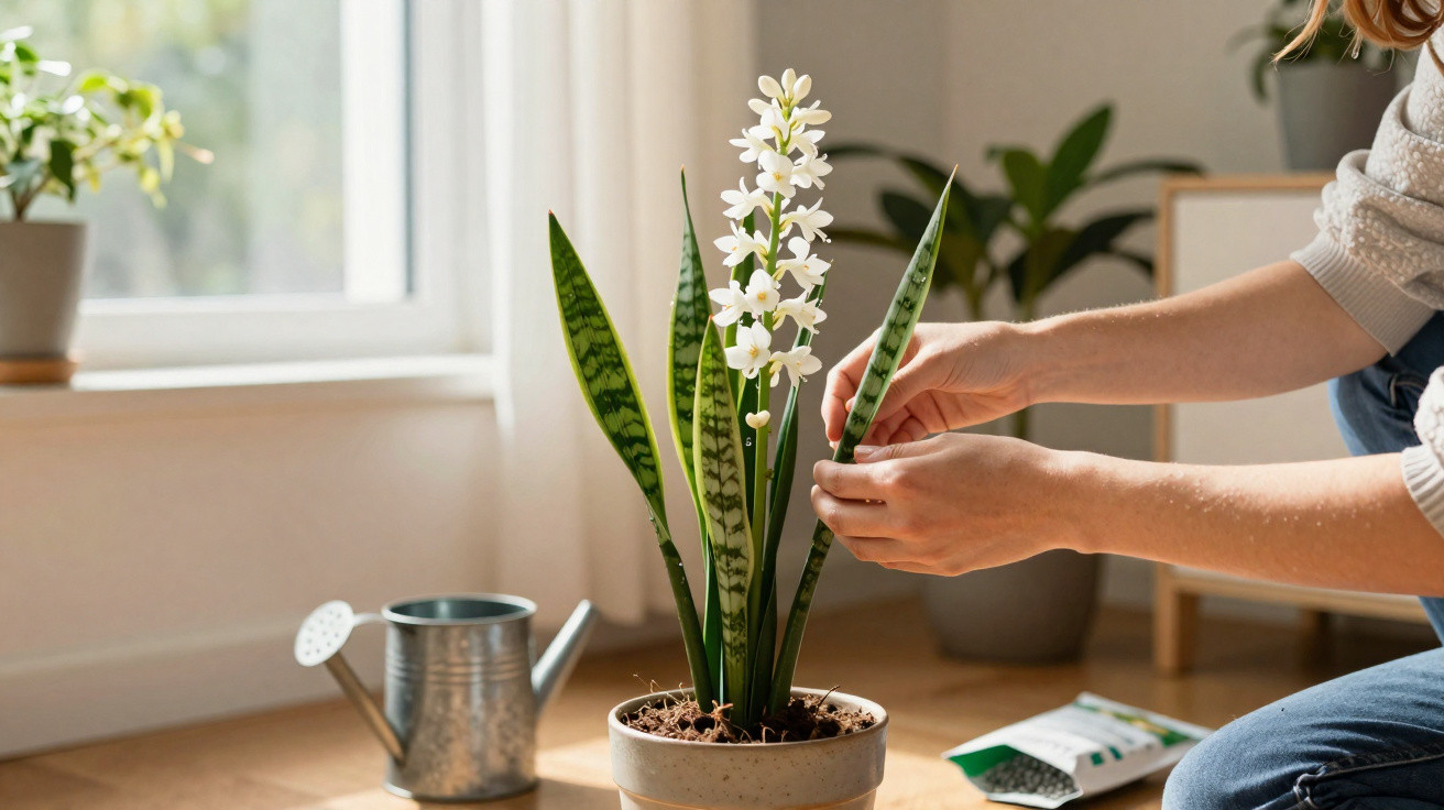 Person tending to a flowering snake plant in a pot next to a watering can in a bright room.