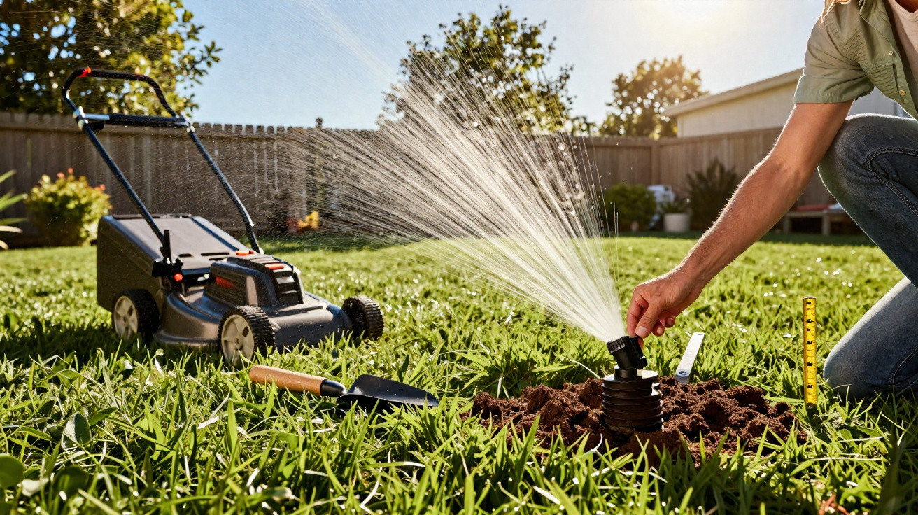 Person adjusting a sprinkler spraying water in a sunny backyard with a lawnmower and garden tools nearby