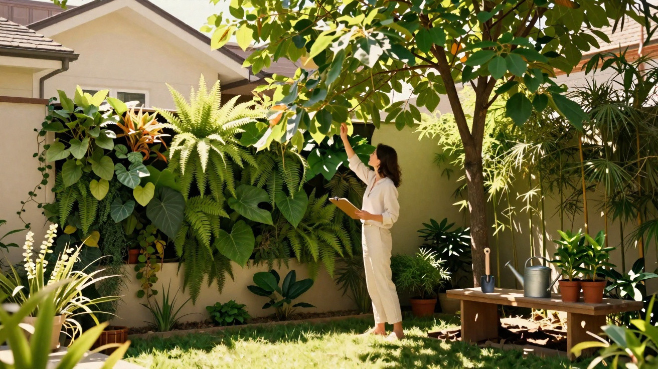 Woman inspecting lush green plants in a sunny backyard garden holding a tablet, surrounded by trees and potted plants.