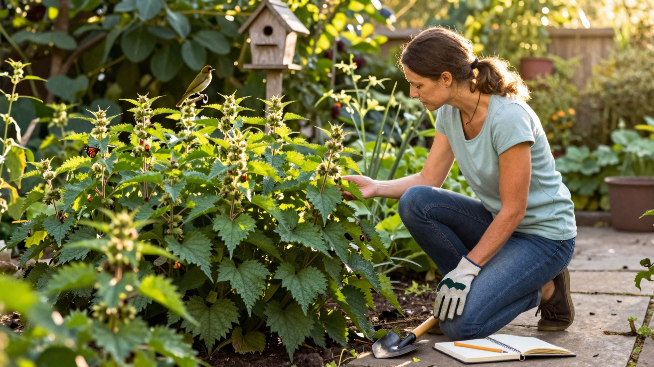 Woman in gardening gloves tending to nettle plants with birds and butterflies in a sunny garden.