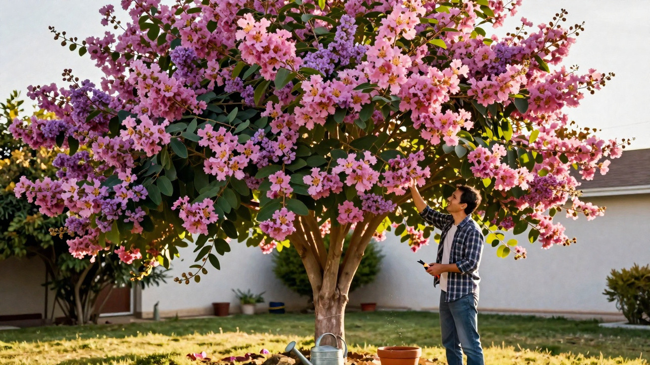 Man pruning a large tree with vibrant pink and purple flowers in a sunny residential garden.