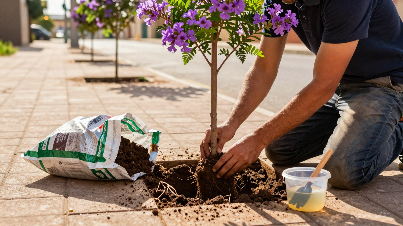 Person planting a small tree with purple flowers on a paved urban sidewalk.