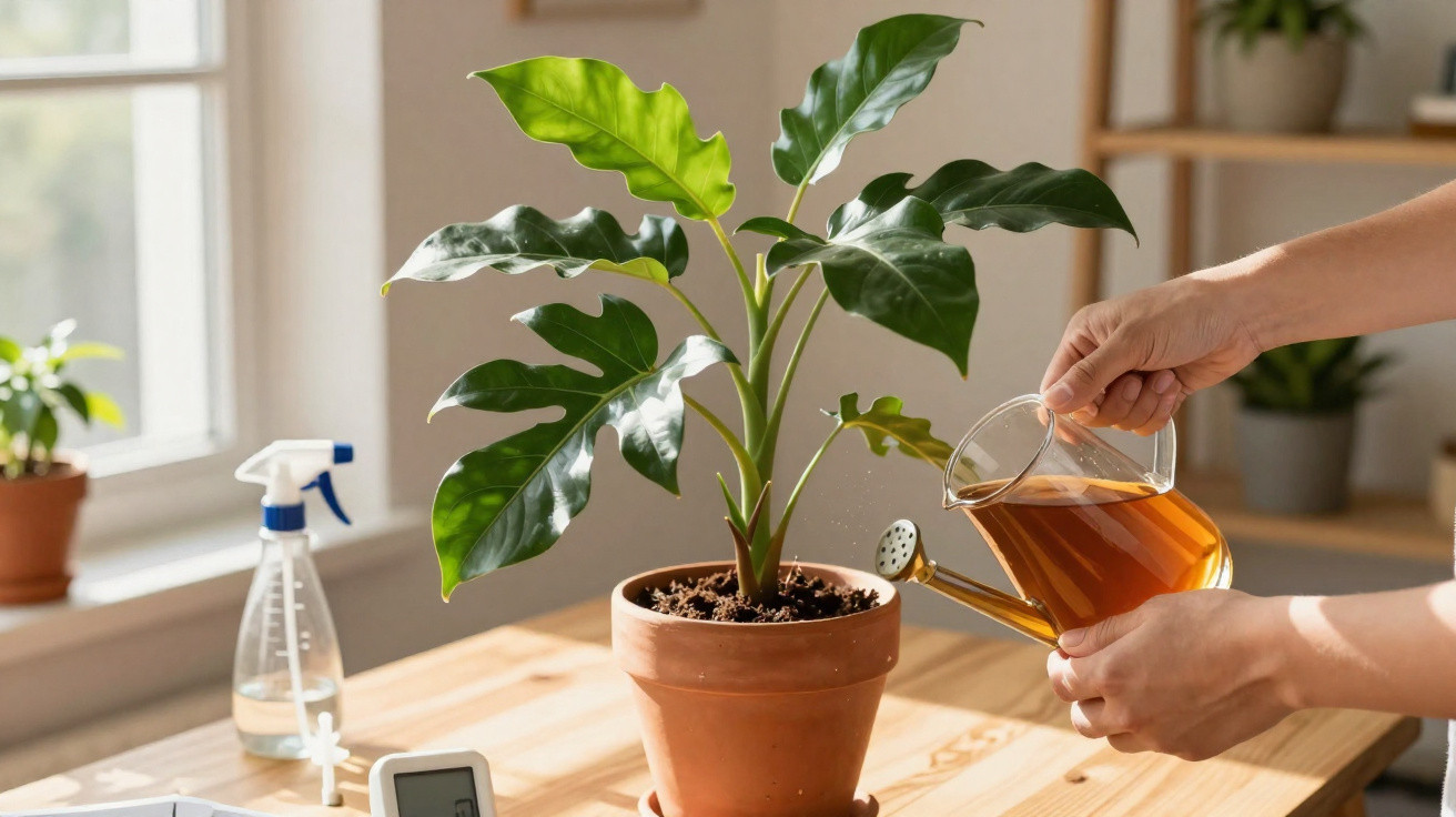 Person watering a healthy green houseplant in a terracotta pot on a wooden table.