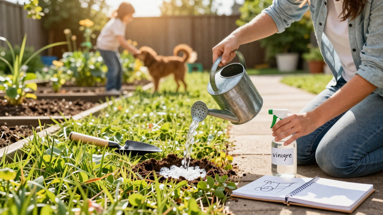 Person watering plants with a watering can in a garden, child playing with a dog in the background.