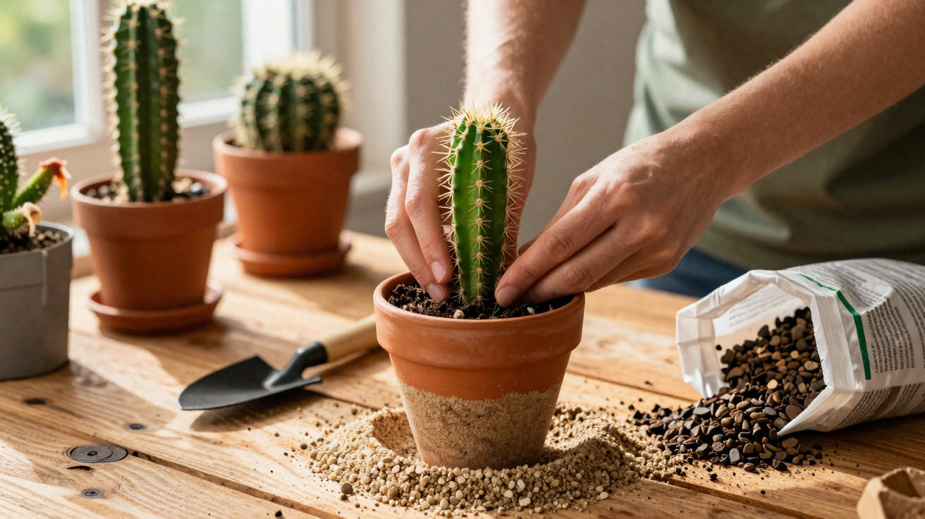 Person potting a cactus in a terracotta pot on a wooden table with succulent soil and gardening tools nearby.