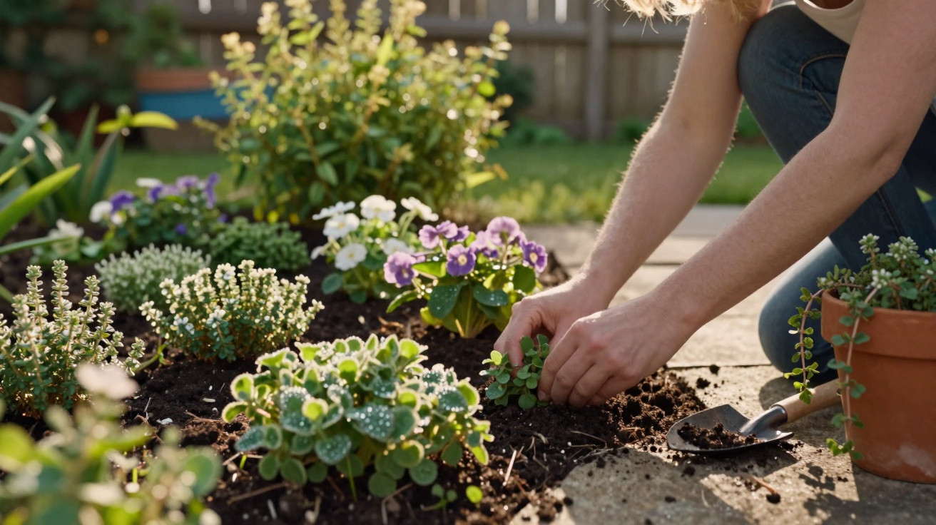 Person planting flowers in a garden bed with purple and white blooms on a sunny day.