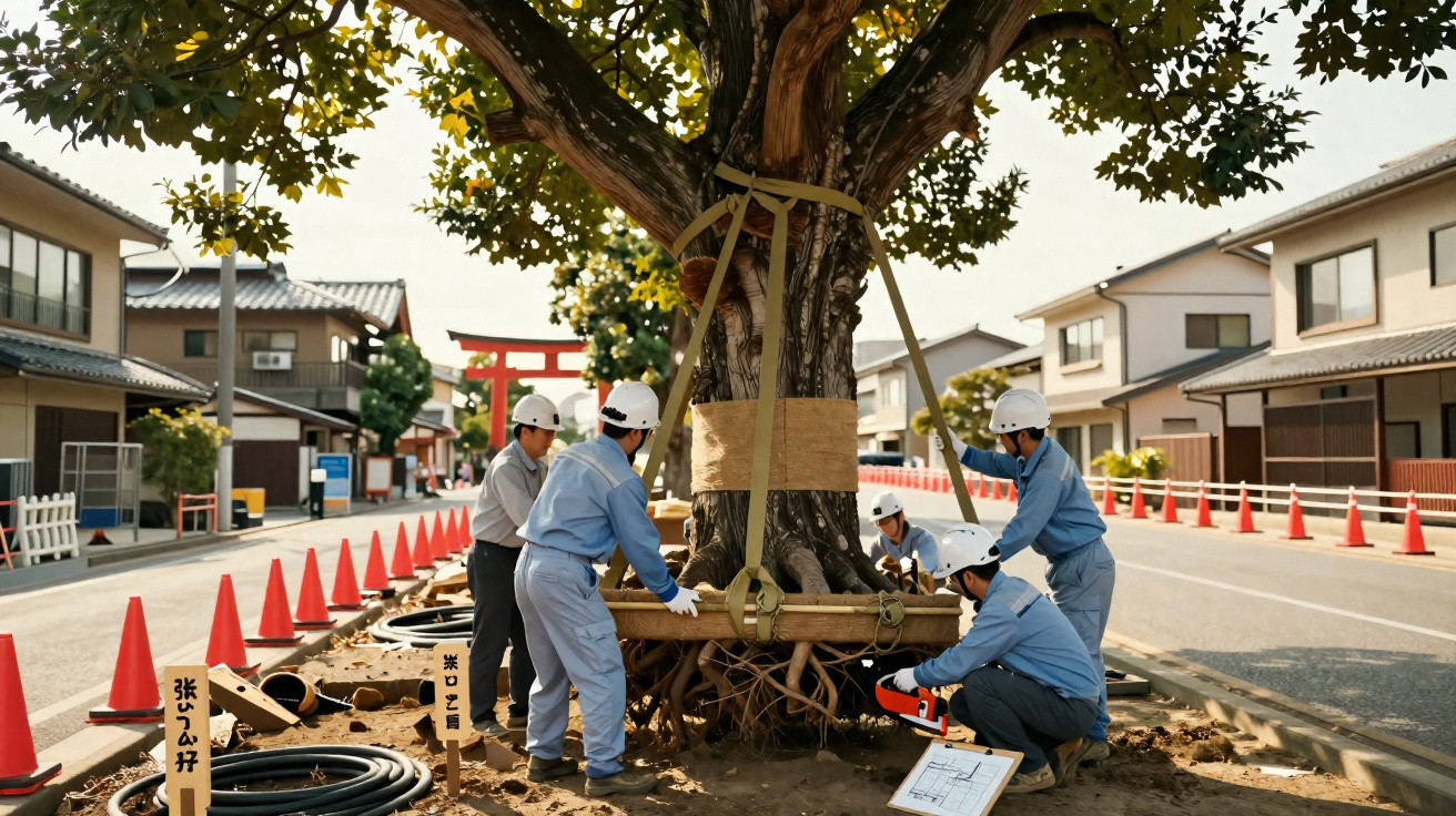 Workers in safety helmets securing a large tree trunk on a street with orange traffic cones and houses around.