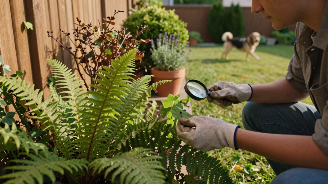 Person wearing gloves inspecting a green leaf with a magnifying glass in a garden with plants and a dog in the background.