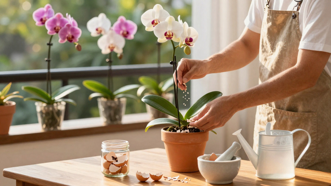 Person fertilising a potted orchid on a table with eggshells, a watering can, and other orchids in the background.