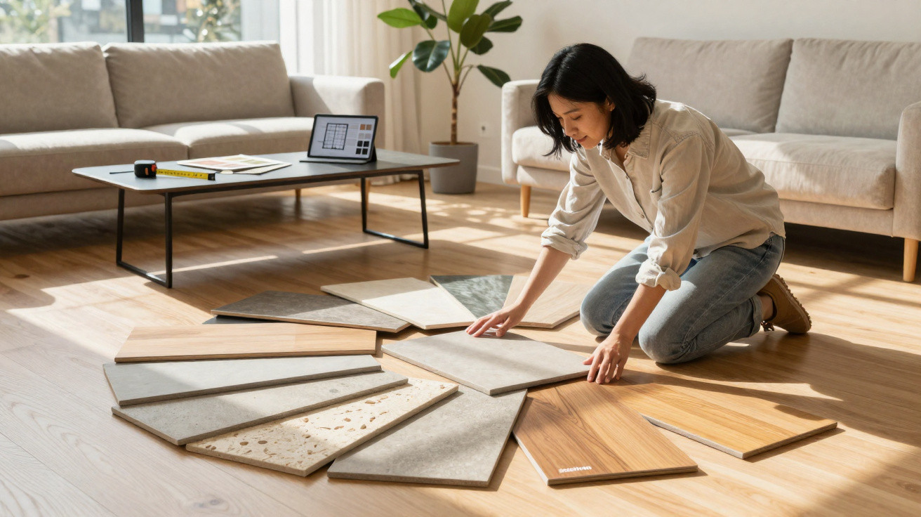 Woman kneeling on wooden floor arranging various flooring samples in a sunlit living room.