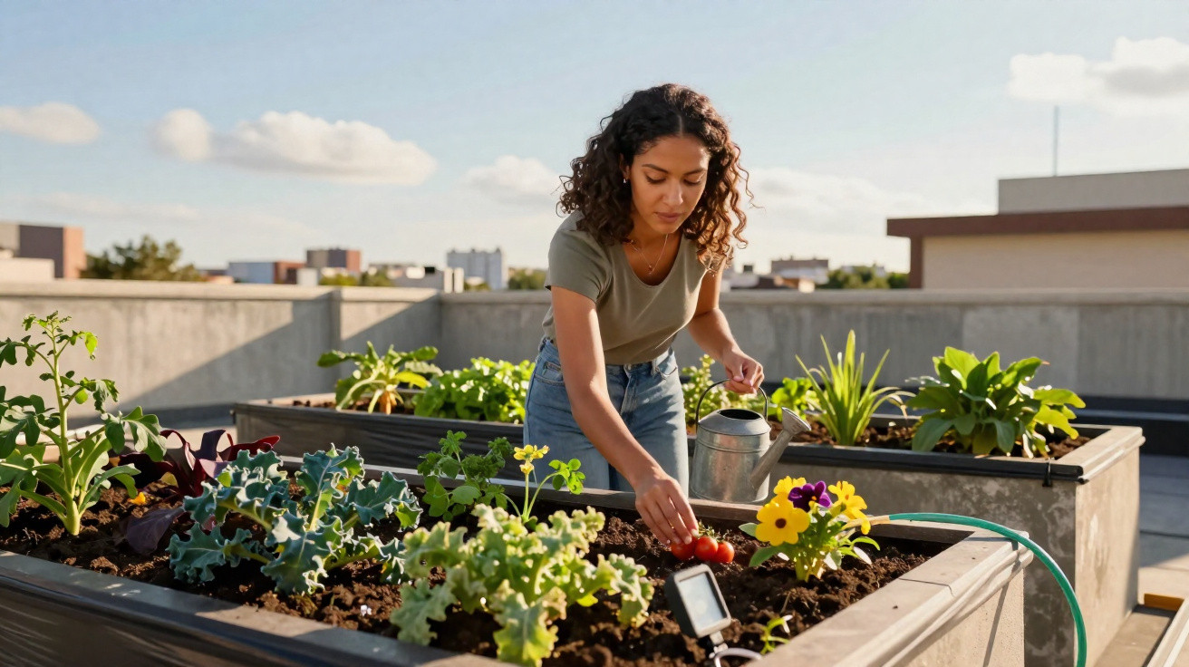 Young woman tending to plants and picking tomatoes in a rooftop garden on a sunny day.