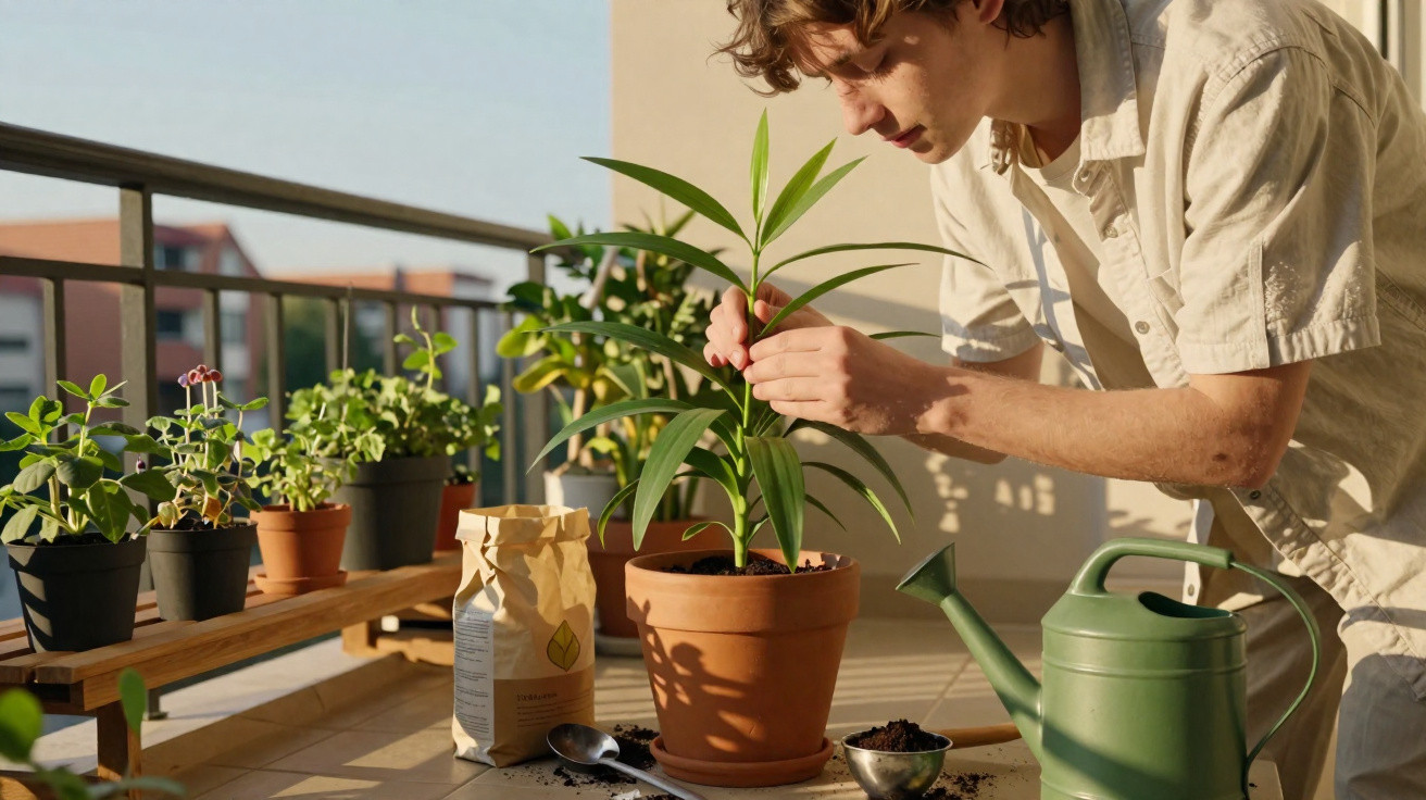 Young man tending to a potted plant on a sunlit balcony surrounded by gardening tools and other plants.