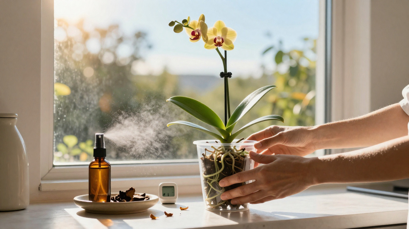 Hands misting a potted orchid plant on a sunlit windowsill with a spray bottle and timer nearby.
