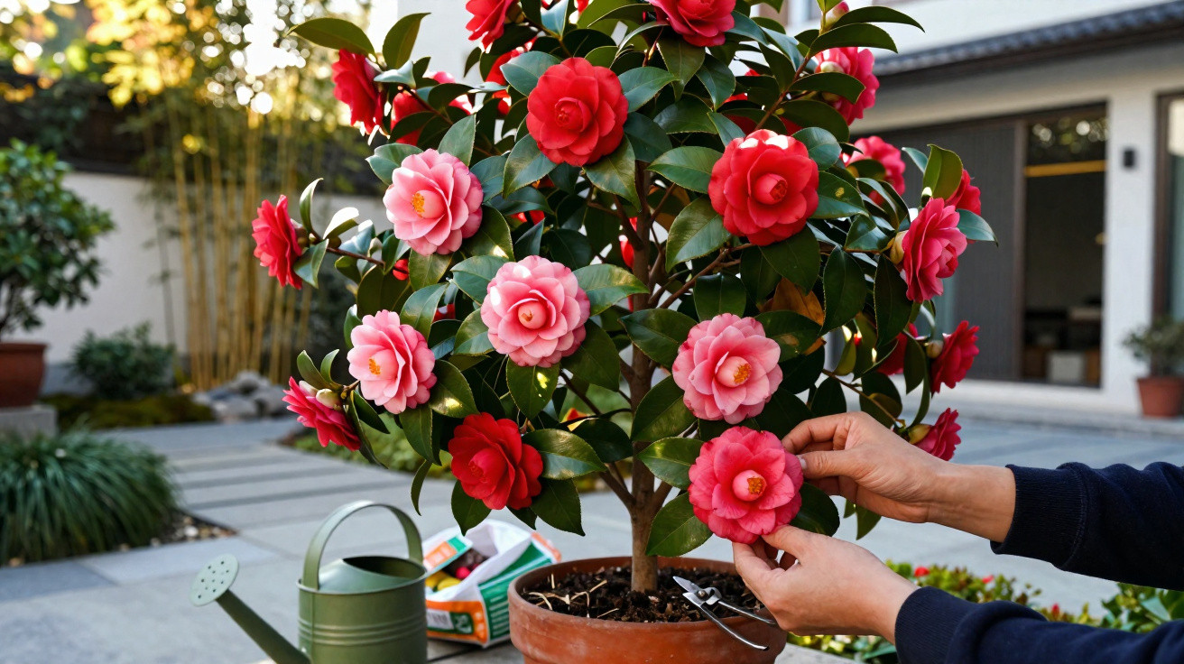 Hands tending to a potted camellia plant with pink and red flowers in a sunlit garden courtyard.