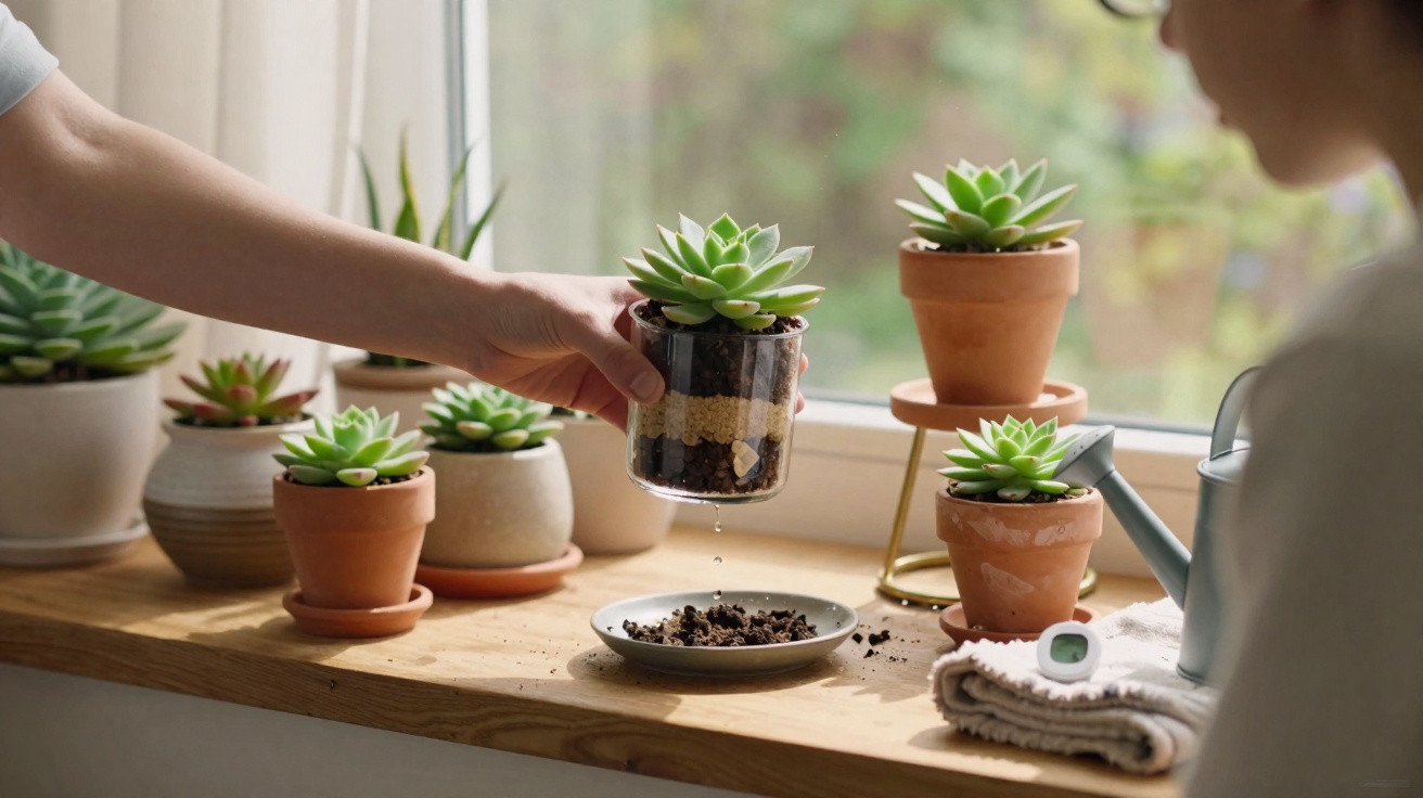 Person holding a glass pot with layered soil and a succulent on a windowsill with other potted succulents.