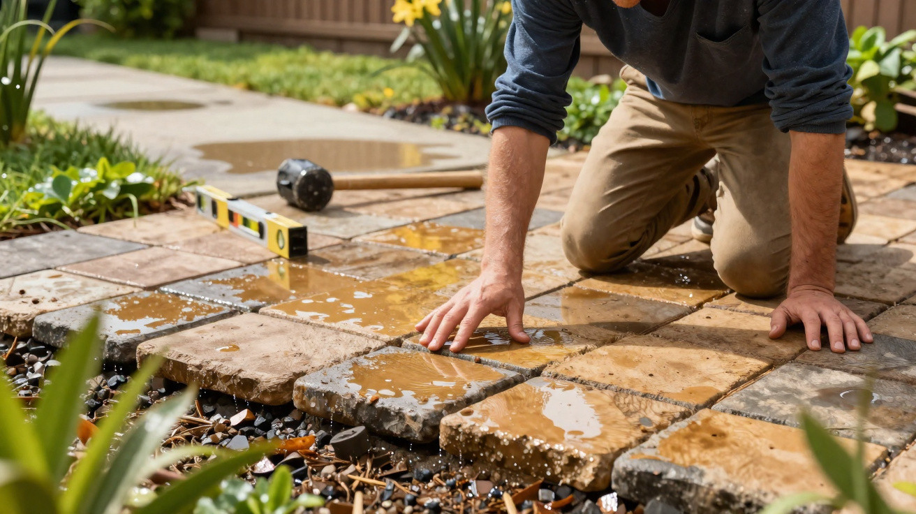 Person kneeling on wet paving stones outdoors, arranging tiles for garden pathway construction.