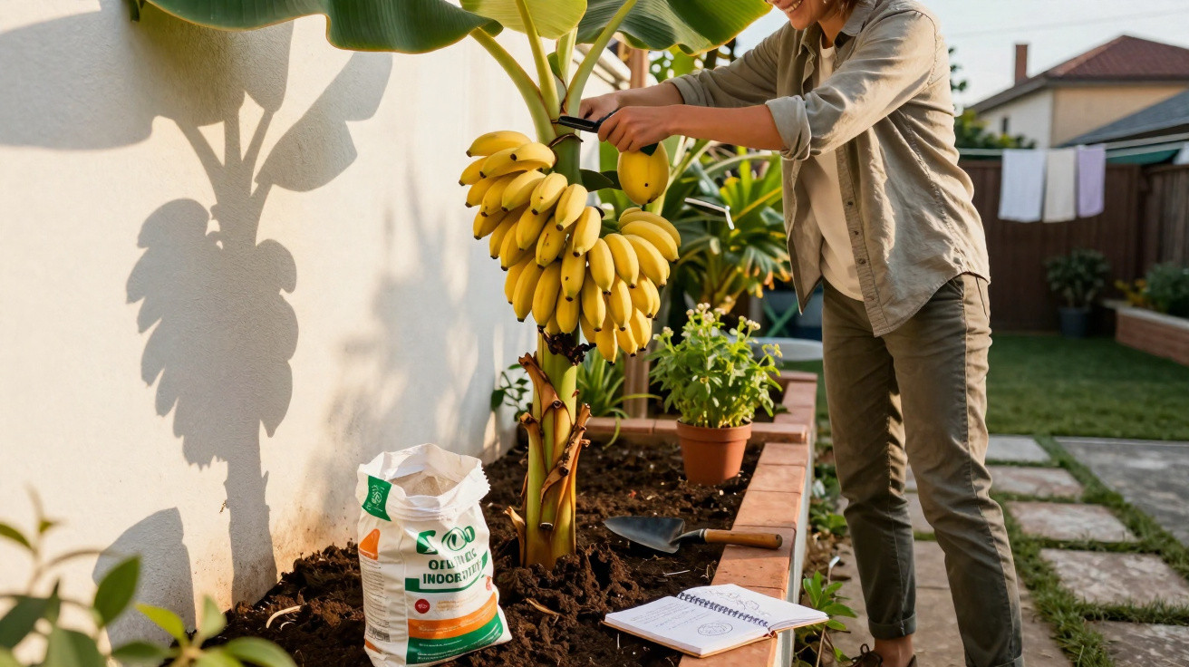 Person harvesting ripe bananas from a small garden plant beside a bag of soil and gardening tools.
