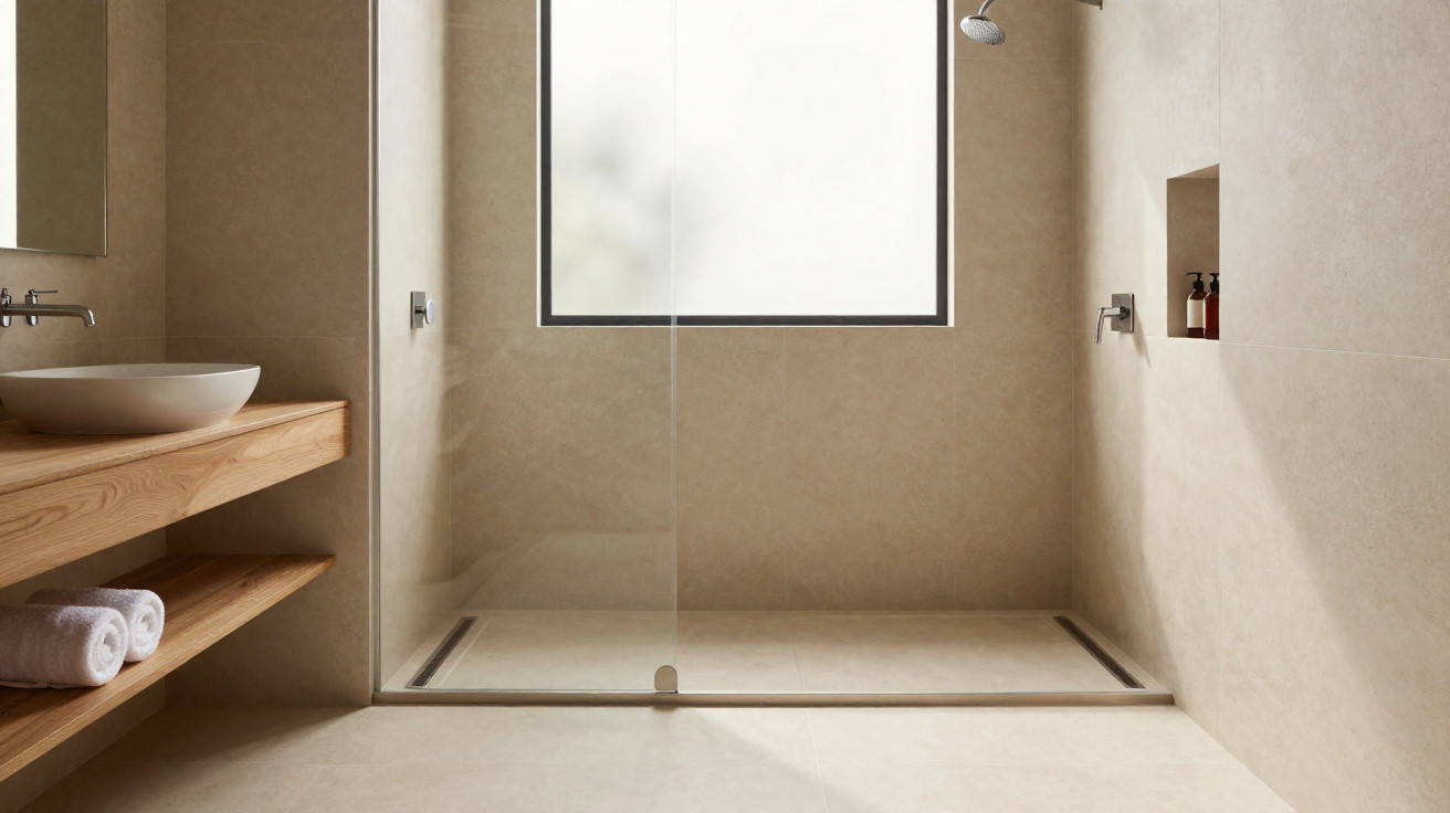 Minimalist beige bathroom with walk-in shower, wooden vanity, vessel sink, rolled towels, and frosted window.