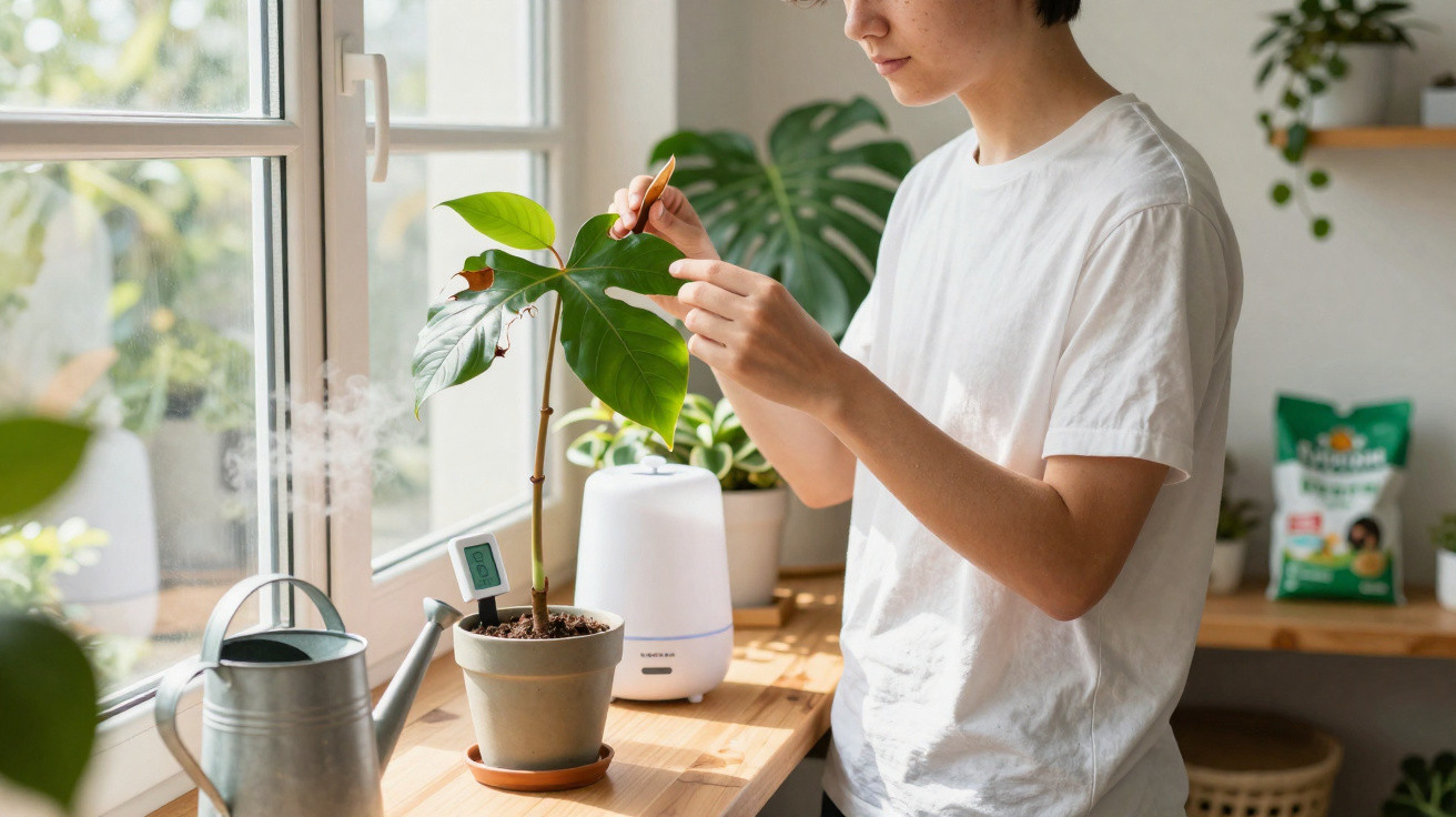 Person inspecting a leaf of a potted plant on a wooden table near a window with a watering can and humidifier.