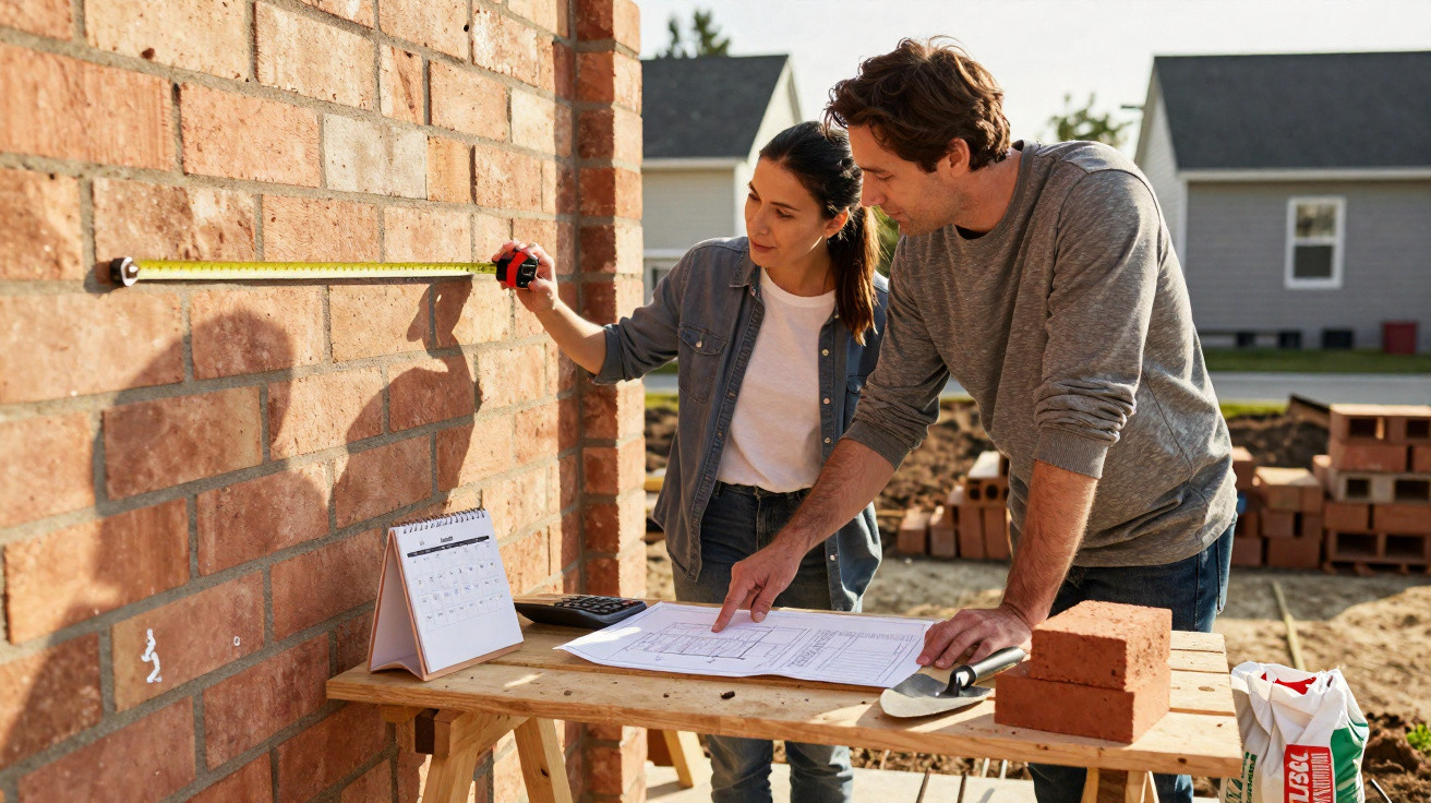 Man and woman examining building plans and measuring a brick wall at a construction site.