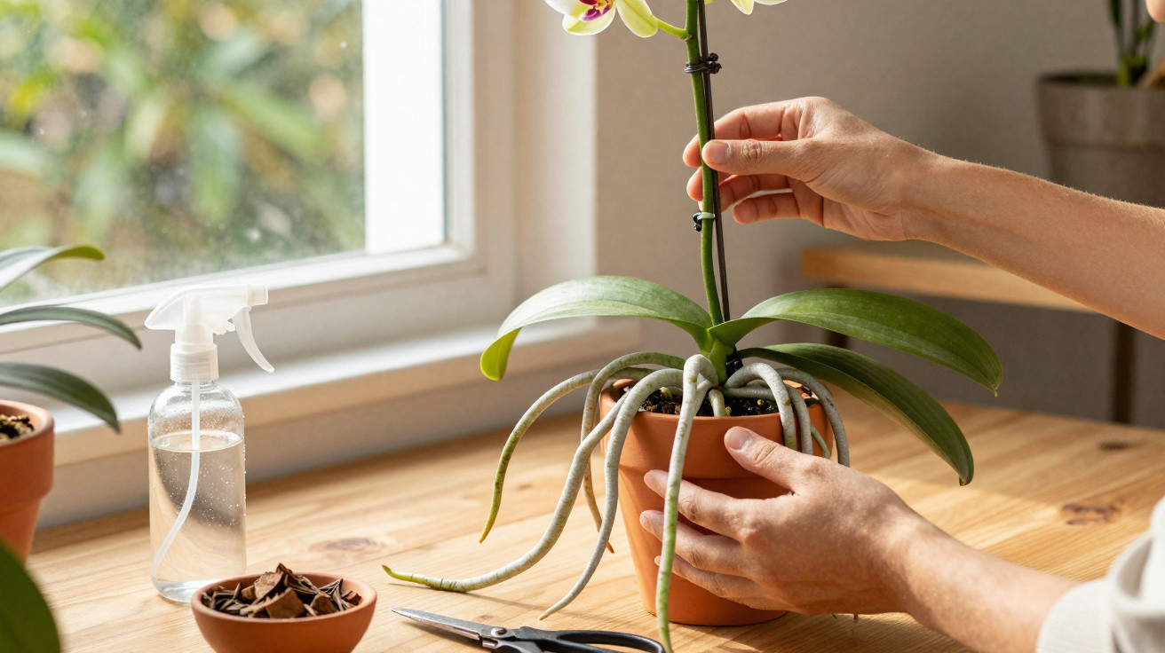 Person tending to a potted orchid with exposed roots on a wooden table beside a window and plant care tools.