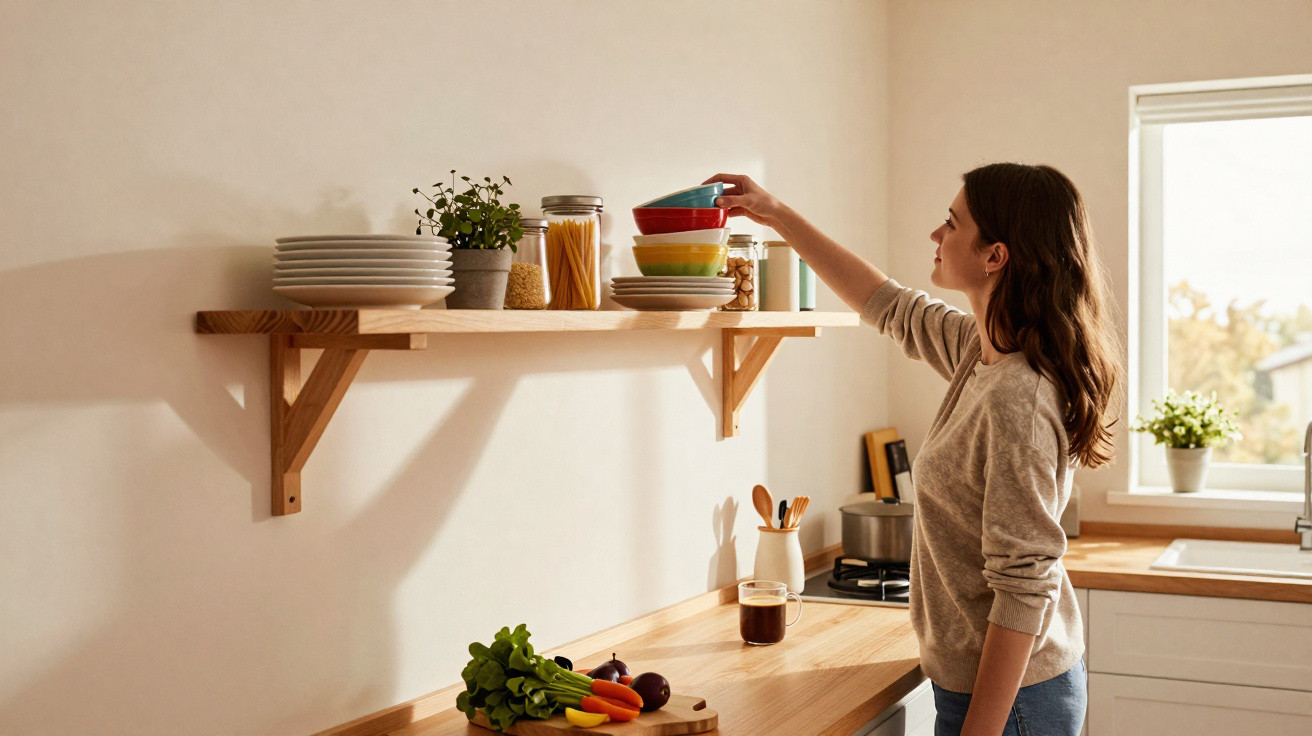 Woman reaching for stacked bowls on a wooden wall shelf in a bright kitchen with vegetables on the counter.