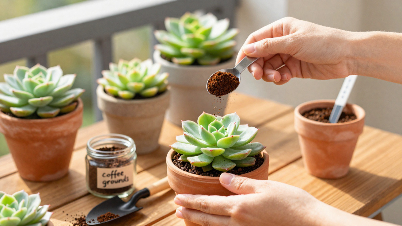 Hands sprinkling coffee grounds onto a potted succulent on a wooden table with other pots and plants.