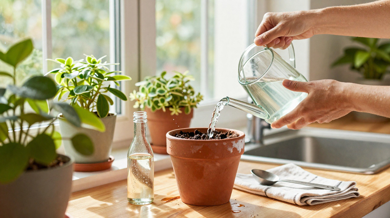 Hands watering a plant in a terracotta pot on a wooden kitchen windowsill with other potted plants nearby.