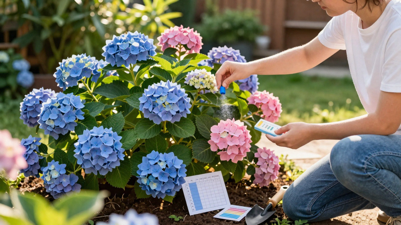 Person testing soil or water pH near colourful blue and pink hydrangea flowers in a garden.