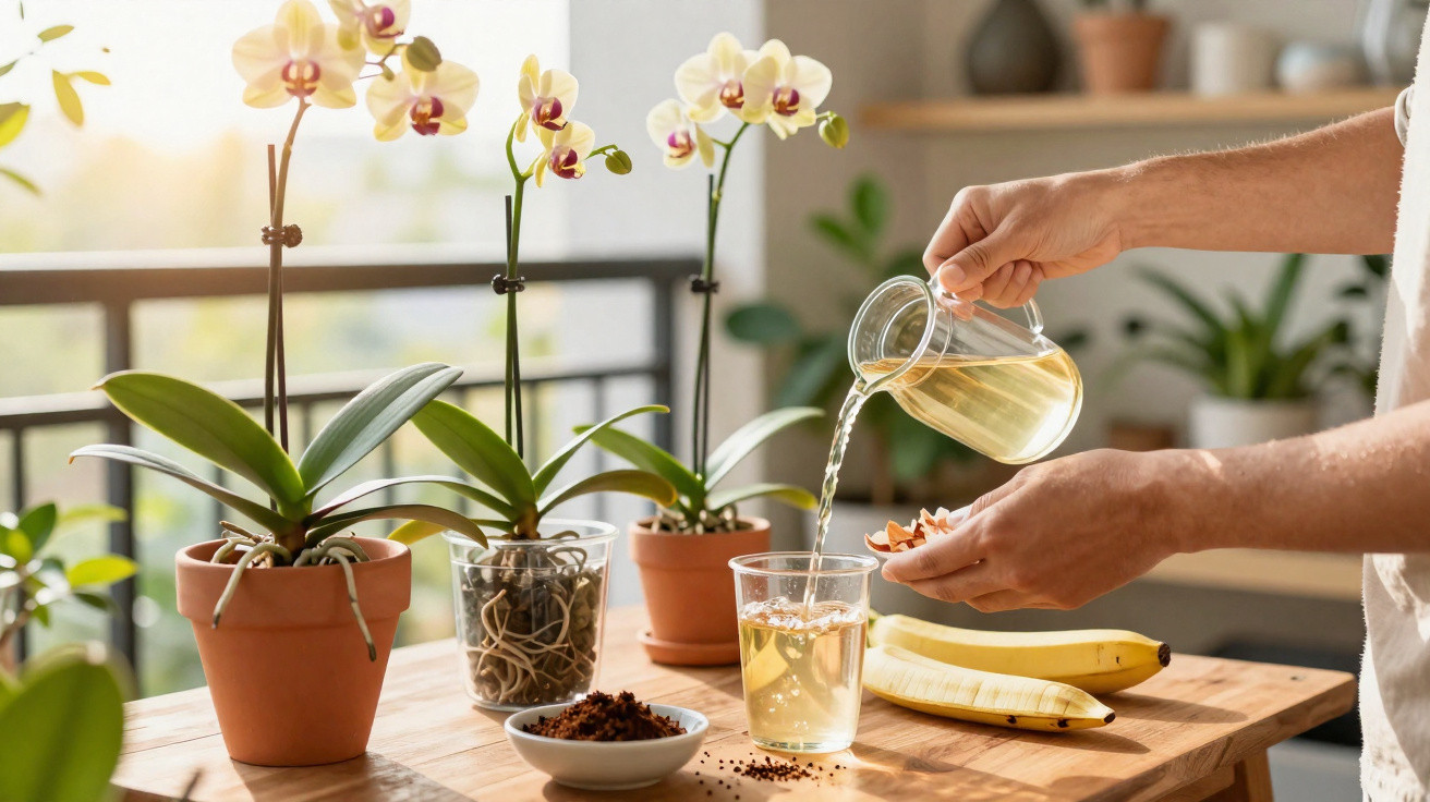 Person pouring tea from a glass teapot into a cup on a wooden table with orchids and bananas nearby.