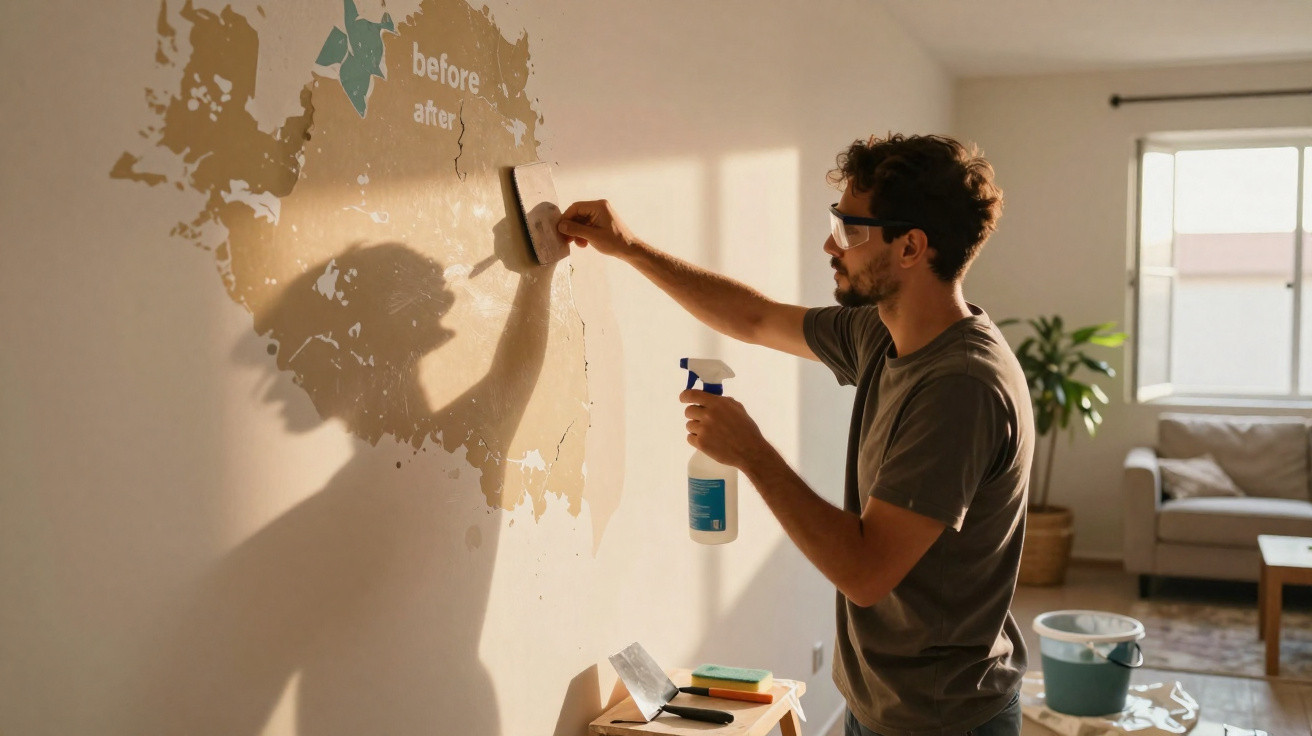 Man scraping paint off a wall with a spray bottle in a sunlit living room during renovation.