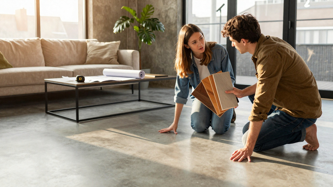 Man and woman kneeling on floor comparing wooden flooring samples in a modern living room.